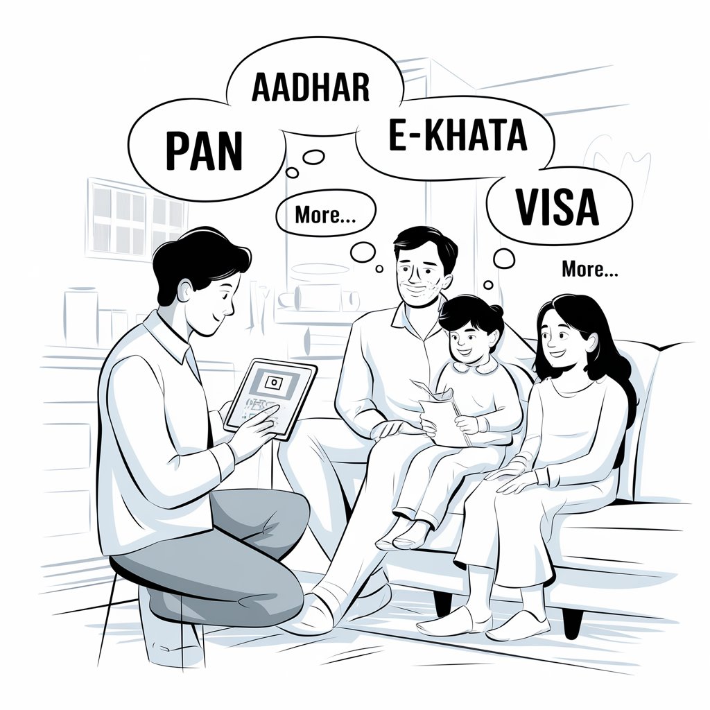 Document services including Aadhar, PAN, E-Khata, and Visa